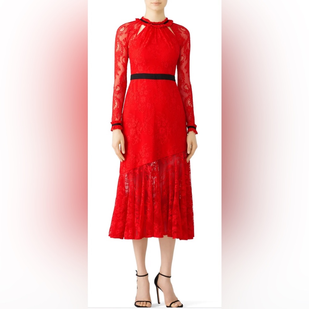 Three Floor flirty, romantic split tease lace red dress. NWOT. Women’s size 4